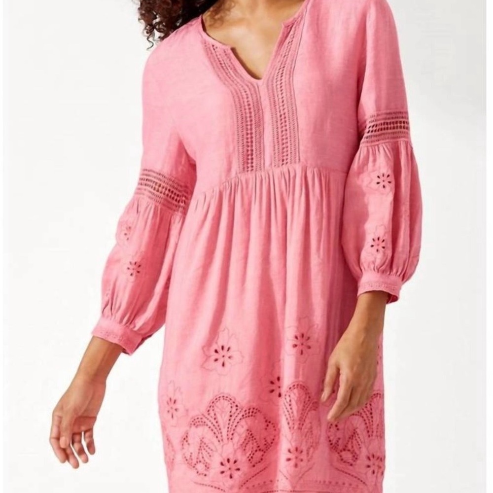 Tommy Bahama Pink Linen Blend Eyelet Dress, Sz L - Picture 2 of 7